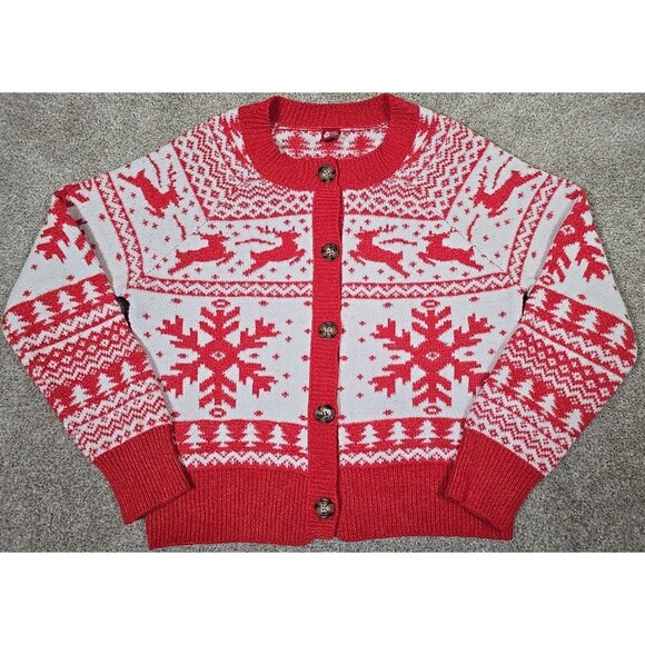 DEC. 25th Fair Isle Sweater Cardigan Holiday Winter Reindeer Snowflakes Short S - Picture 1 of 11